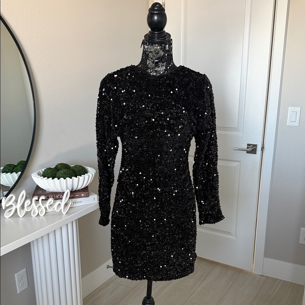 H&M Black Sequin Long Sleeve Mini Dress